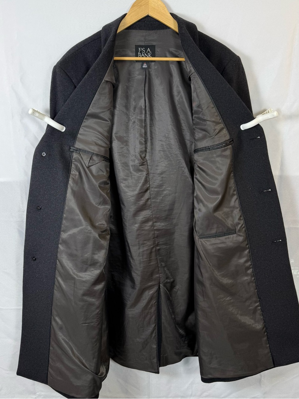 Jos A Bank Black Wool Blend Overcoat Mens 44 Long Classic 3 Button Coat - Picture 7 of 9